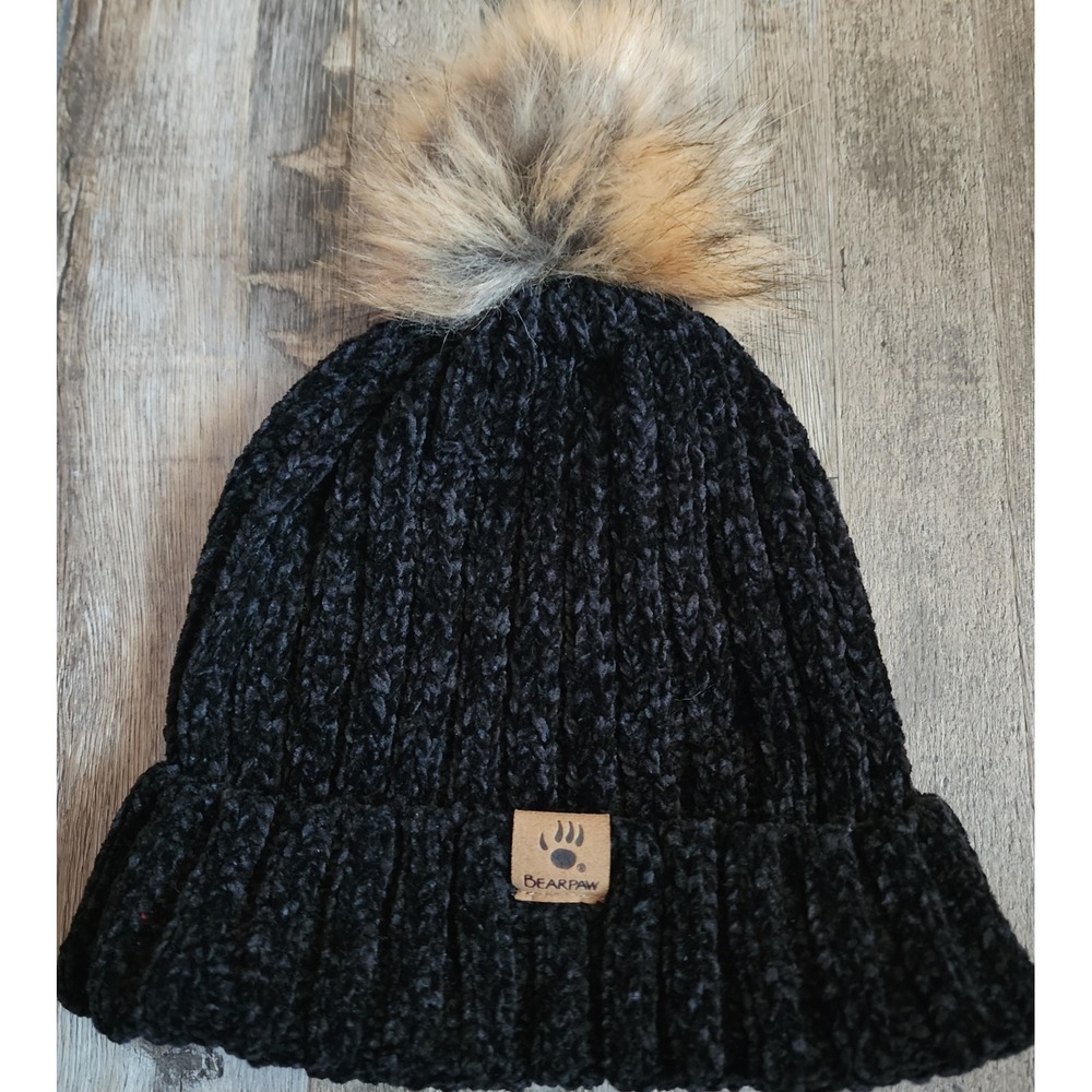 Bearpaw Beanie Women OSFM Black Chenille Faux Fur Pom Ribbed Knit Hat